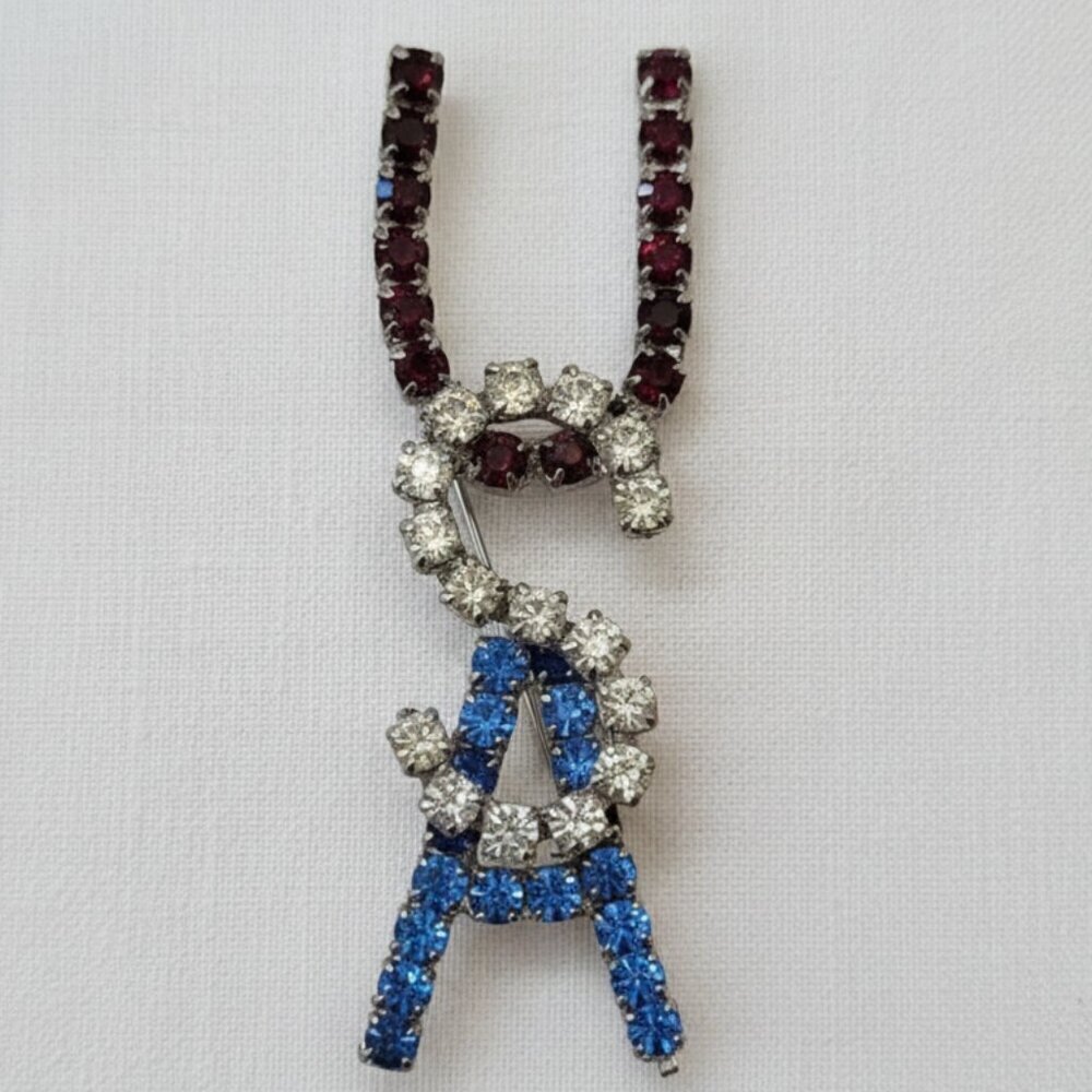 Blue and Silver Crystal USA Patriotic Brooch Approx 2.5" - excellent condition